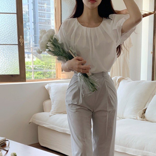 Áo sơ mi cổ tròn tay phồng phong cách Hàn Quốc mới 44134
