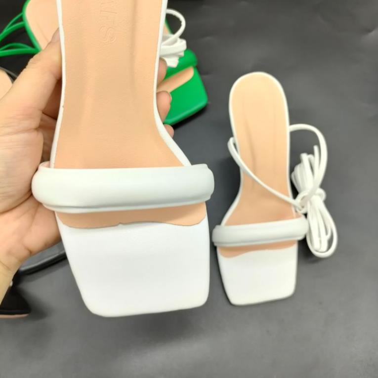 Giày Chiến Binh Nữ MINAFS Guốc Đan Quai Ngang Phồng,Sandal Dây Cột Gót Nhọn 9cm Da Bóng Xăng Đan Cao Gót Buộc Dây Mảnh {