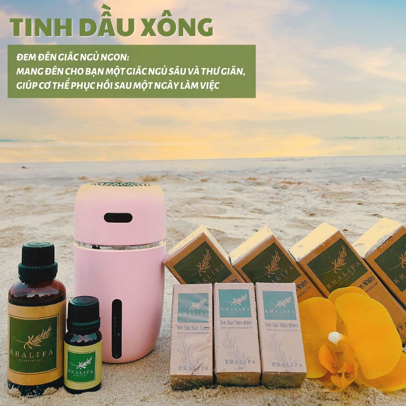 Combo tinh dầu thiên nhiên Khalifa 50ml và đèn xông tinh dầu, tinh dầu thơm phòng, tinh dầu đuổi muỗi chứng nhận Quatest