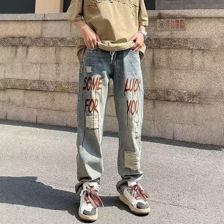 Quần baggy rách trẻ tuổi  quần jean trắng unisex oversize Quần hiphop thời trang quần bò rách gối from rộng quần jean bé trai