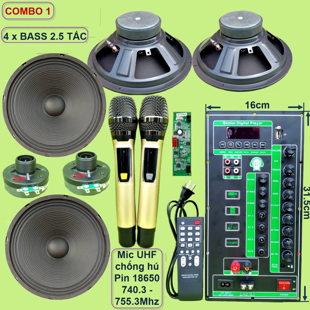 [giare] Mạch loa kéo 4 Bass 2.5 tấc 2 kênh độc lập 2 IC CS8676 120W + 120W có nguồn xung 220V kèm Micro đôi UHF - VHF