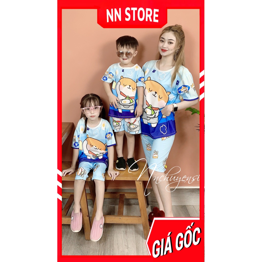 Đồ bộ thun quần LỬNG cho mẹ và bé 7kg - 70kg mặc nhà chất thun mềm mát in hình gấu hoạt hình dễ thương DBRBL FULL SIZE