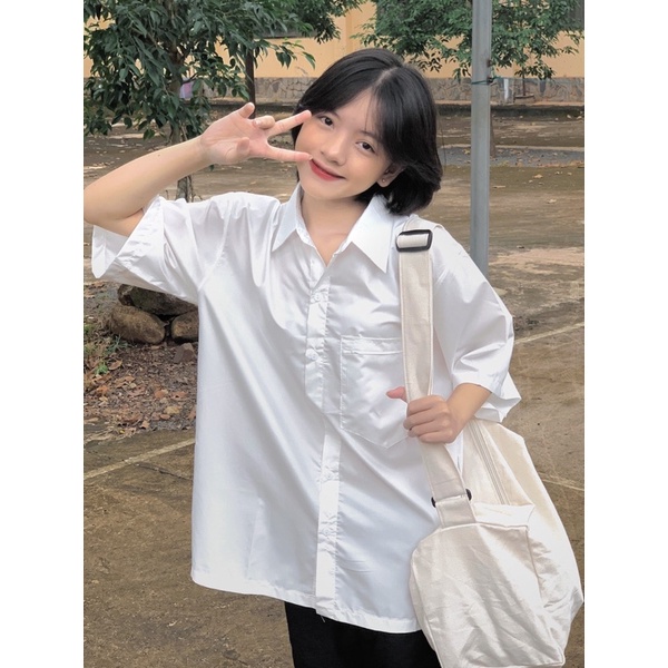 Áo Sơ Mi Trắng Form Rộng Kiểu Dáng Tay Lỡ Học Xinh Chất Thô Cá Tính_VIETCEN