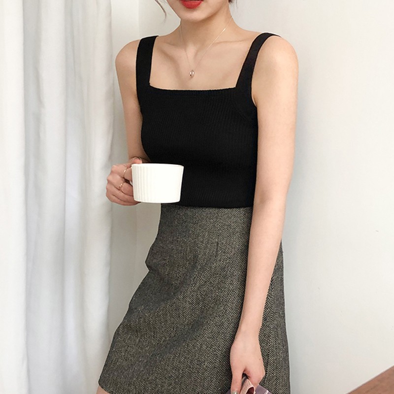 Áo Hai Dây Và Ba Lỗ Áo Croptop Dệt Kim Nữ Sát Nách Cổ Vuông Màu Trơn Gợi Cảm