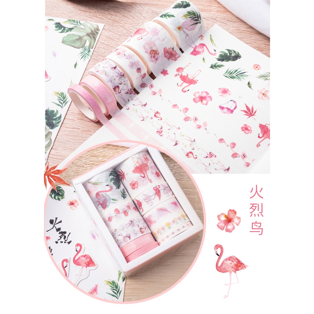 Bộ 10 cuộn băng washi dán trang trí in họa tiết cây cỏ & chim hồng hạc