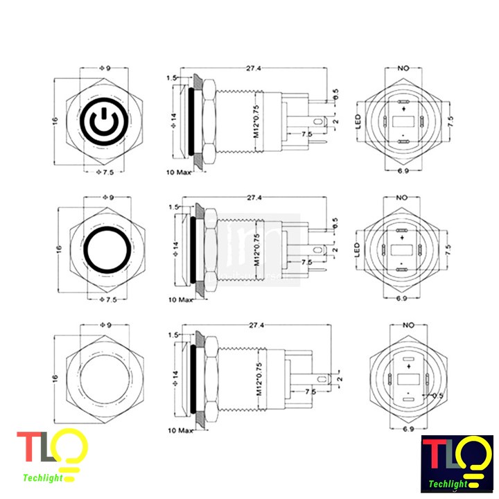 Nút nhấn có đèn ON/OFF 12mm 9V 12V 24V 110V 220V chống nước
