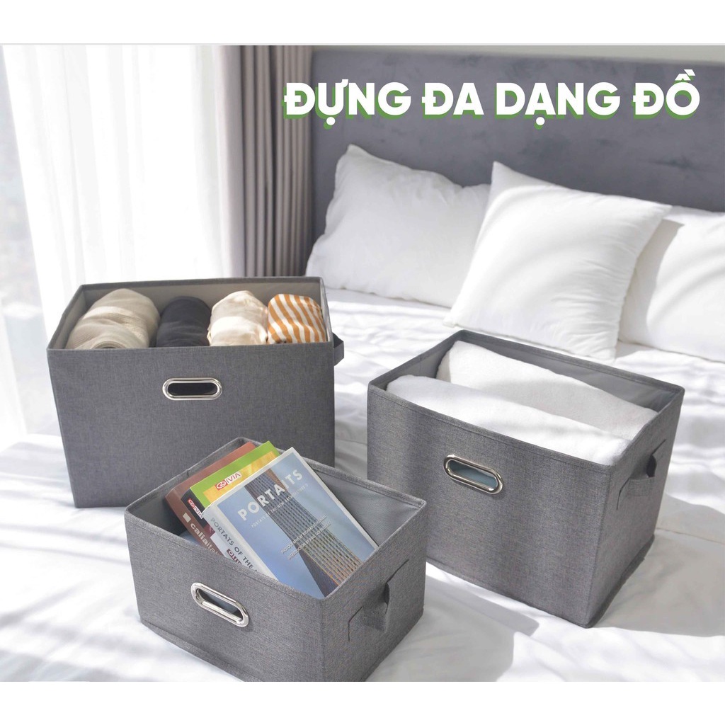 Thùng vải đựng đồ đa năng nắp rời, 2 quai inox, hộp đựng quần áo gấp gọn tiện lợi Kích cỡ 45*34*24 cm Tặng ốp điện thoại