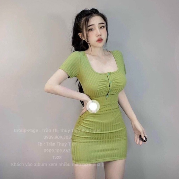 Đầm cổ vuông nhúm ngực dáng ngắn đính nút ôm body trơn cực xinh , chất thun gân mềm mịn