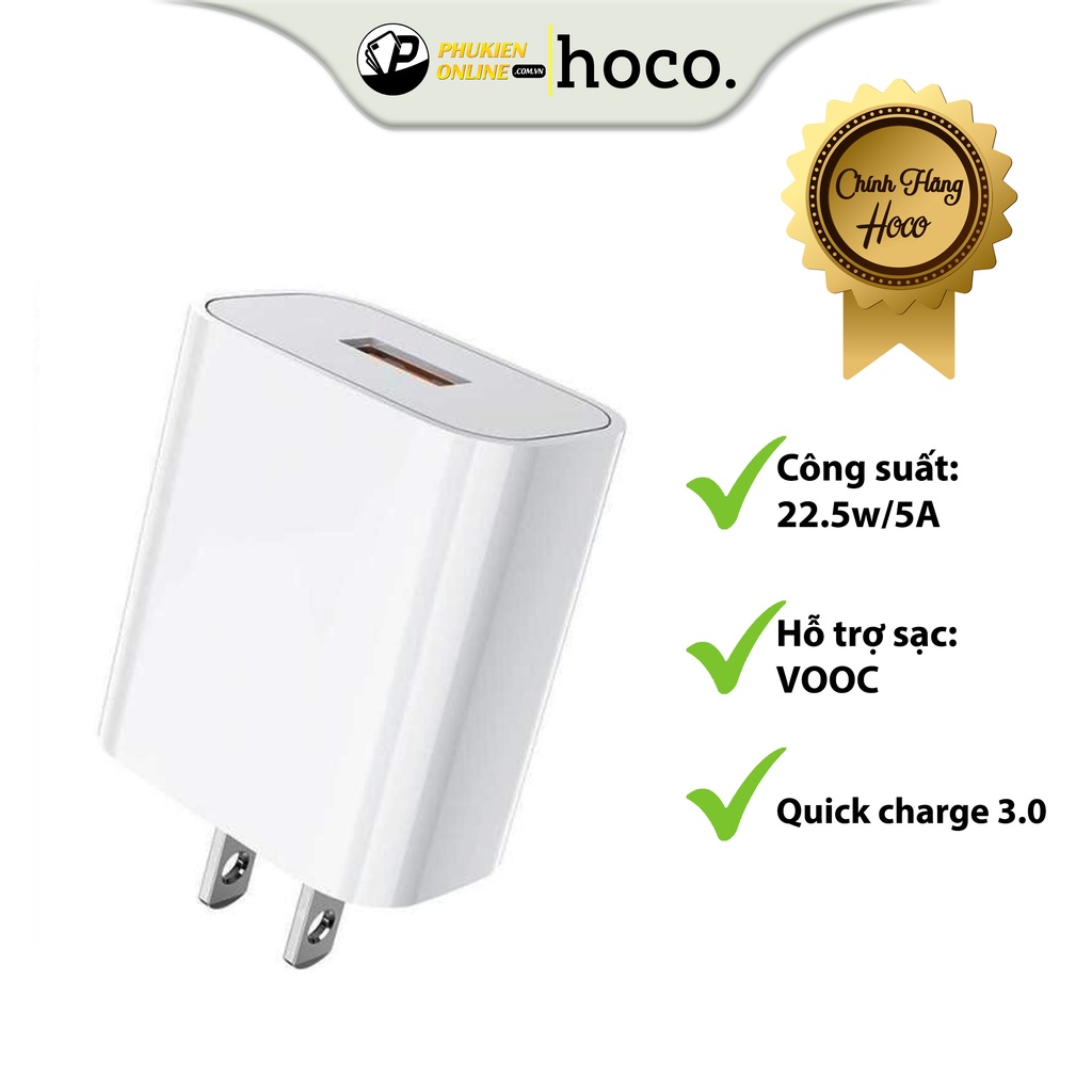 Củ Sạc Nhanh Hoco DC19, Sạc Nhanh 5A/22.5W, Hỗ Trợ Sạc VOOC, Quick Charge 3.0, Chân Cắm Dẹt Tiêu Chuẩn.