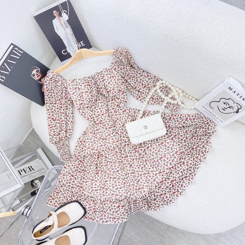 ĐẦM HOA CÚP NGỰC TAY DÀI BO XOÈ