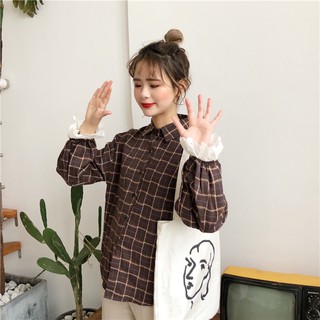 áo sơ mi ulzzang sơ mi nữ kẻ áo kiểu dáng Hàn Quốc bánh bèo tay bồng ren