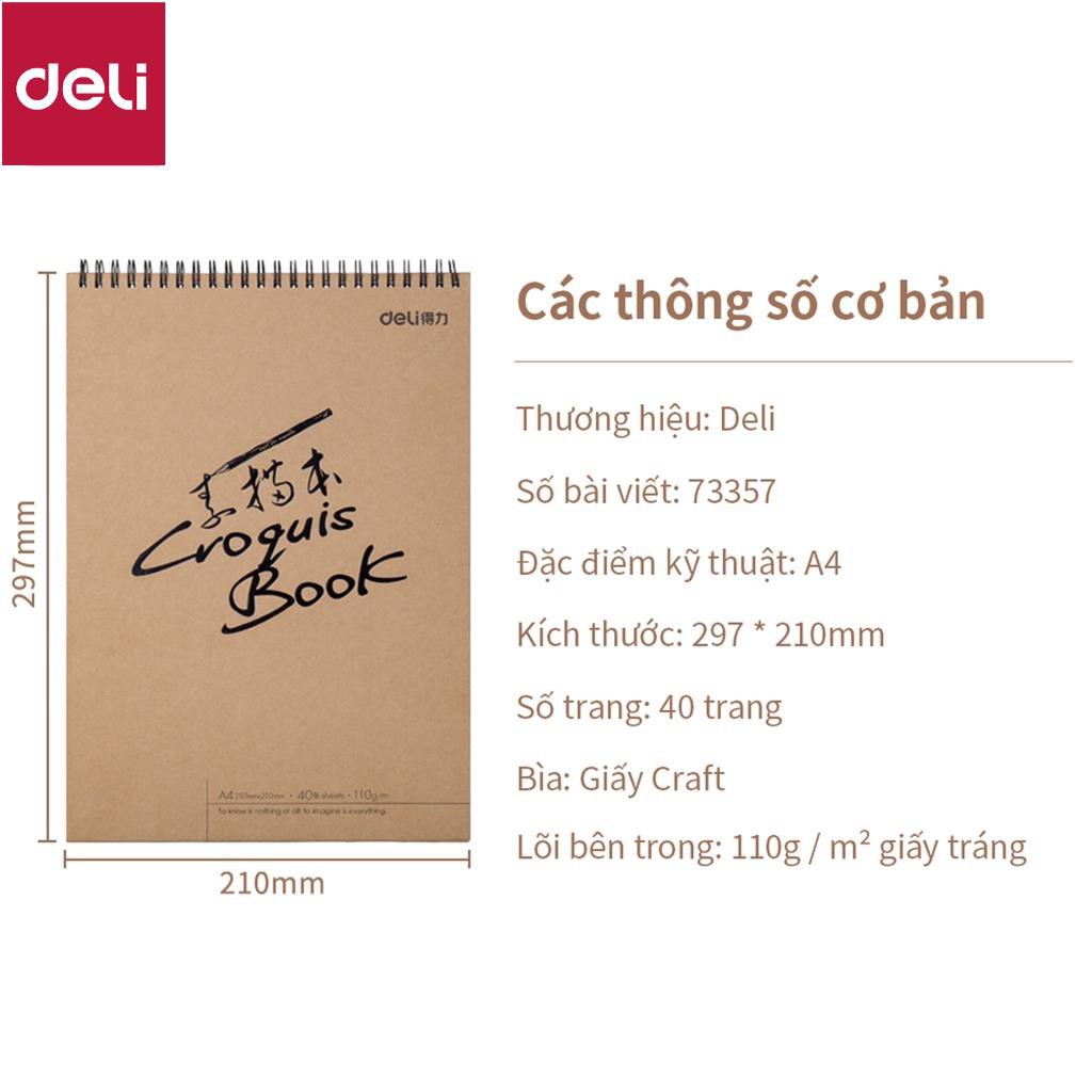 Sổ vẽ phác thảo 110gsm / 160gsm Deli - Gáy lò xo - Khổ dọc A4 - Giấy vẽ màu nước - 73357 / 73634 [Deli]