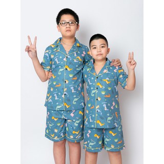 Đồ bộ pijama bé trai áo cộc quần đùi màu xanh hình khủng long nhỏ