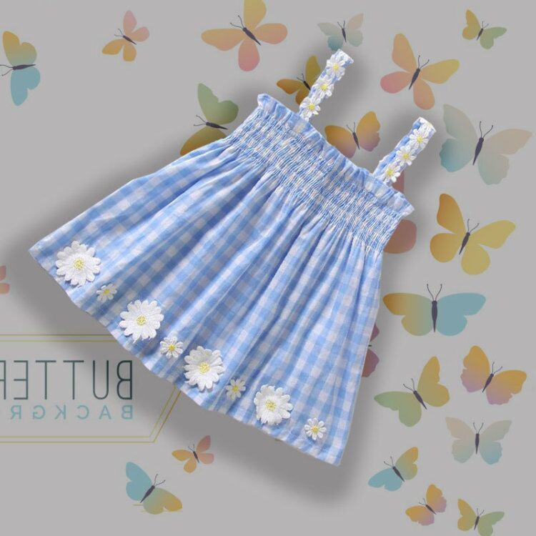 Đầm công chúa 2 dây họa tiết caro phối hoa thời trang cho bé gái