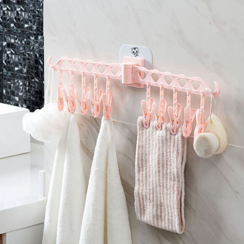 Móc treo quần áo dán tường thông minh, 10 kẹp nhựa phơi đồ đa năng tiện lợi, móc dù kèm 20 móc nhỏ