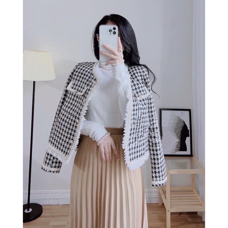 Áo dạ Tweed Áo cardigan dạ kẻ caro cổ viền bèo dáng ngắn tiểu thư phong cách Hàn Quốc