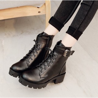 [ RẺ VÔ ĐỊCH ]Giày nữ boot nữ phong cách châu âu giày da PU cổ  cao  dâu buộc có khuy đế chiến binh