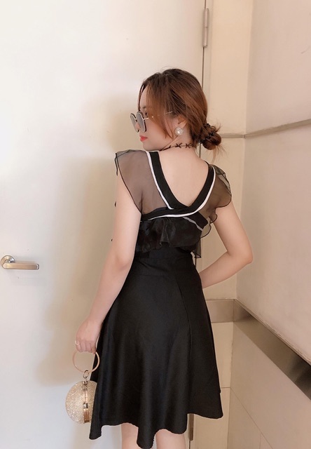 Đầm xoè đen voan có lót trễ vai viền màu size S M L XL