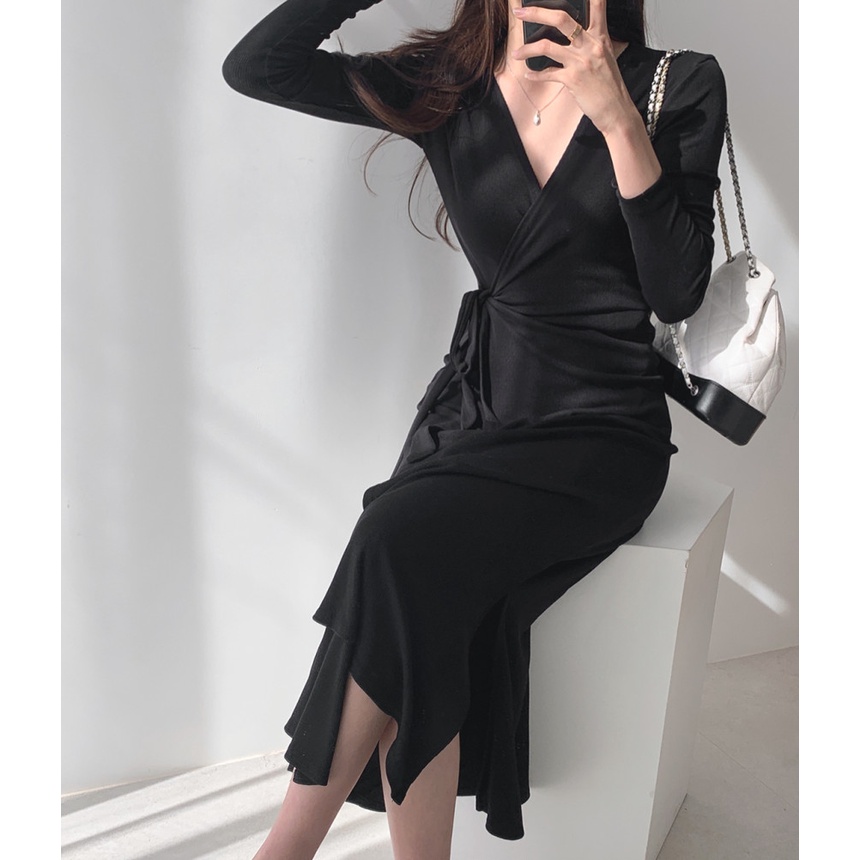 Đầm body cotton dài tay dáng dài đắp vạt xẻ tà tôn dáng nữ