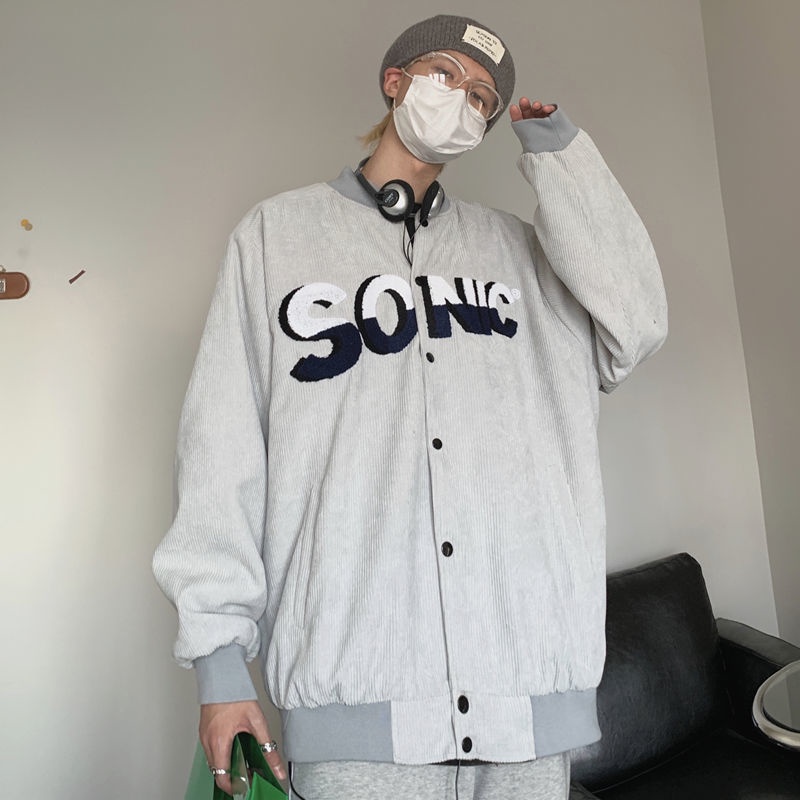 Áo khoác bóng chày vải nhung kẻ dáng rộng in họa tiết chữ phong cách retro cá tính