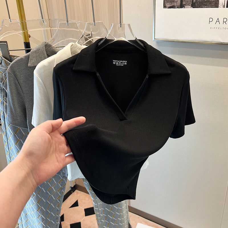 Áo Thun Tay Ngắn Cổ Chữ V Màu Sắc Trơn Thời Trang Dành Cho Nữ