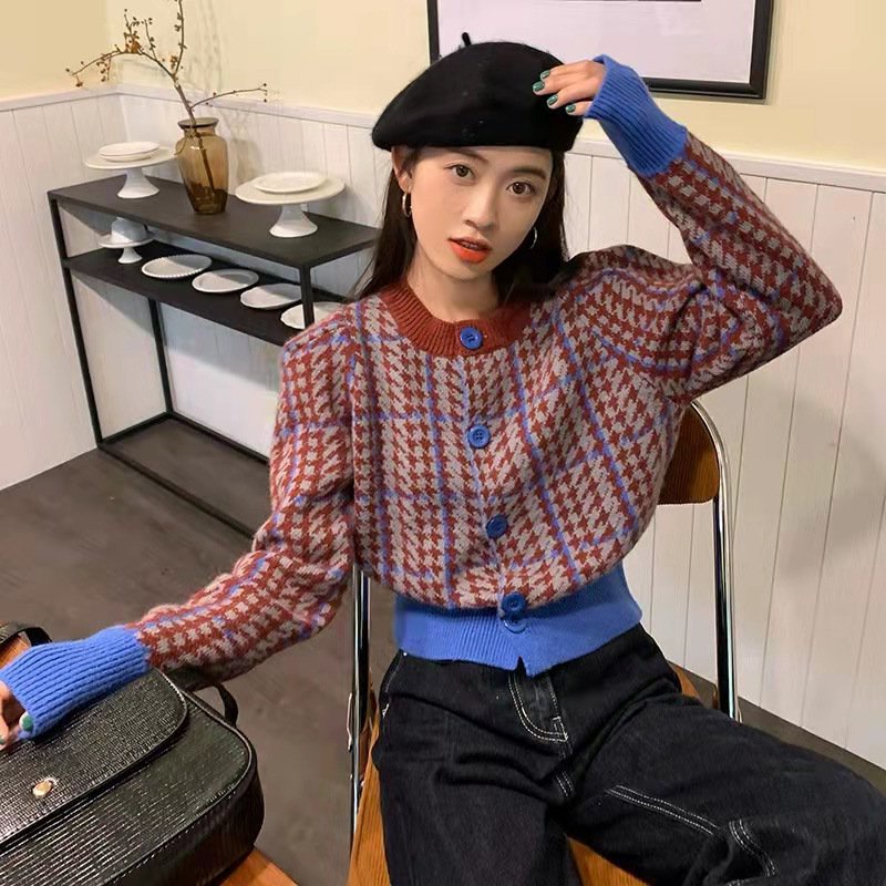 Áo len cadigan dáng ngắn có khuy cài kẻ caro thời trang trẻ trung