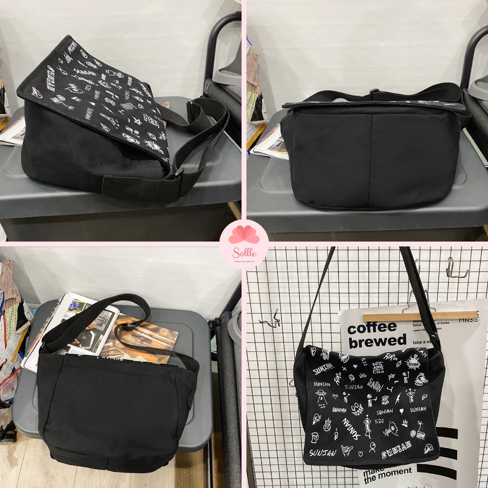 Túi tote đeo chéo nam nữ đi học vải canvas cặp đeo vai unisex ulzzang hoạt hình Sollle