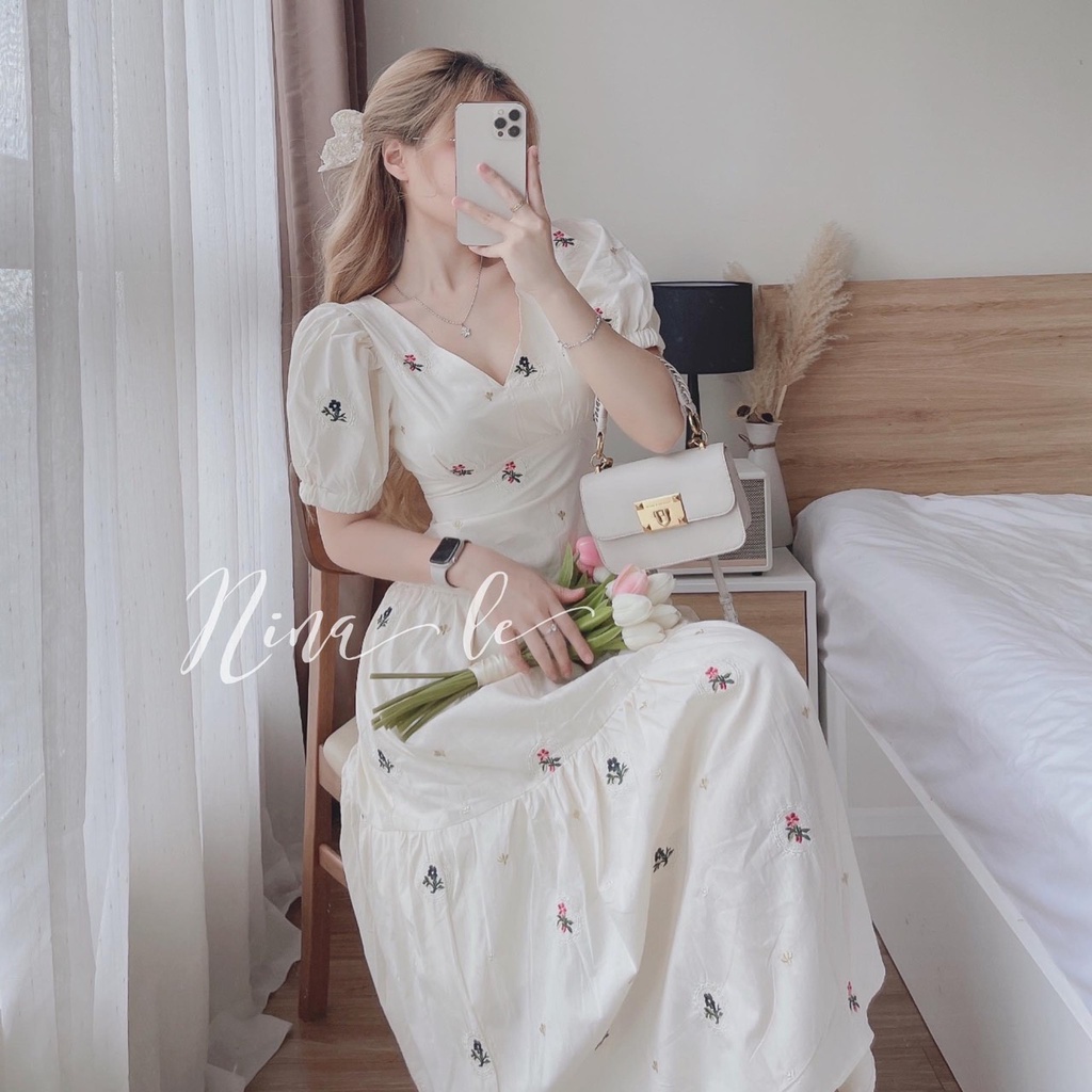 [10.10 Sale Freeship] Đầm váy nữ maxi cổ V tay phồng hở lưng, đầm dáng dài hóa nhí đơn giản công chúa bánh bèo xinh xắn