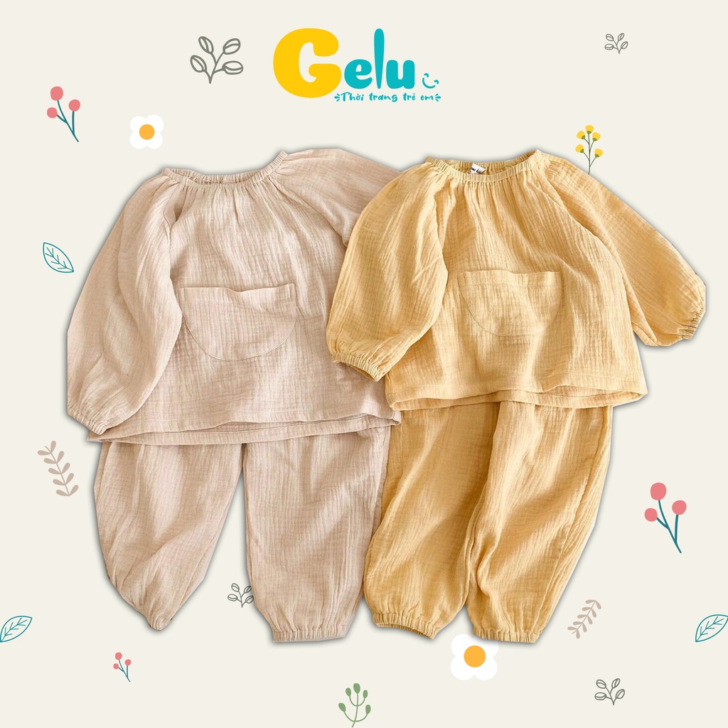 Bộ xô muslin dài tay thu đông thời trang cho bé, bộ đũi trắng kem nâu cho bé trai bé gái GELU KIDS-GLB007