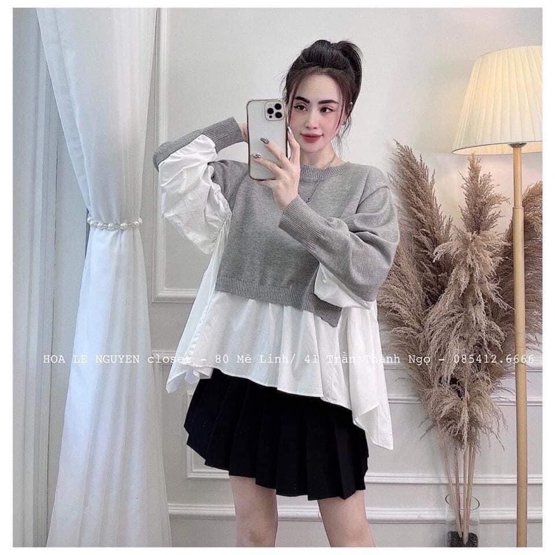 Áo babydoll phối màu đen xám tay cánh dơi | BigBuy360 - bigbuy360.vn