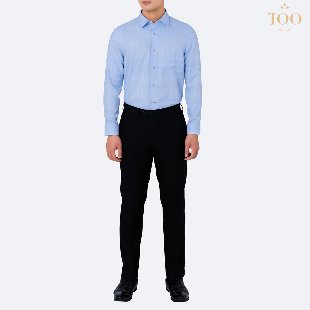 Áo sơ mi nam dài tay TQQ dáng Slimfit công sở chất liệu Cotton cao cấp có co dãn K414CS-CSB màu xanh biển dệt kẻ chìm