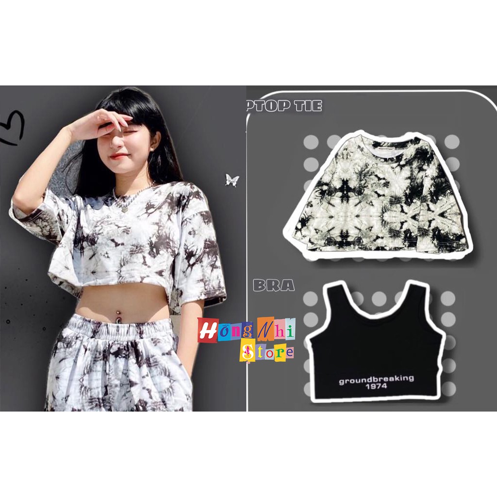 Áo Croptop Loang Màu Xanh Đen Kèm Bra Tay Lỡ Dáng Rộng Oversize Ulzzang - MM