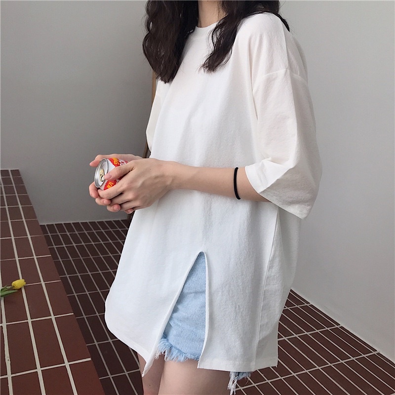 {45:S84}ÁO THUN XẺ TÀ TAY LỠ VẠT LỆCH CHÉO ULZZANG 3 MÀU BASIC