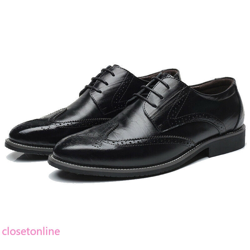 Mens Plain Carved Pointed Leather Shoes Lace-up Formal Evening Party