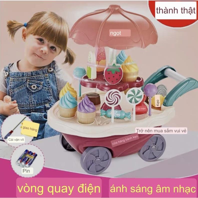 Đồ Chơi Xe Đẩy Kem, xe bán kem Cho Bé Có Đèn Nhạc 2 Tầng, 30 Chi Tiết