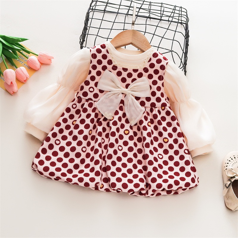 Bộ Áo Tay Dài Phối Lưới + Chân Váy Yếm Đính Nơ Thời Trang Mùa Thu Cho Bé Gái 0-3 Tuổi