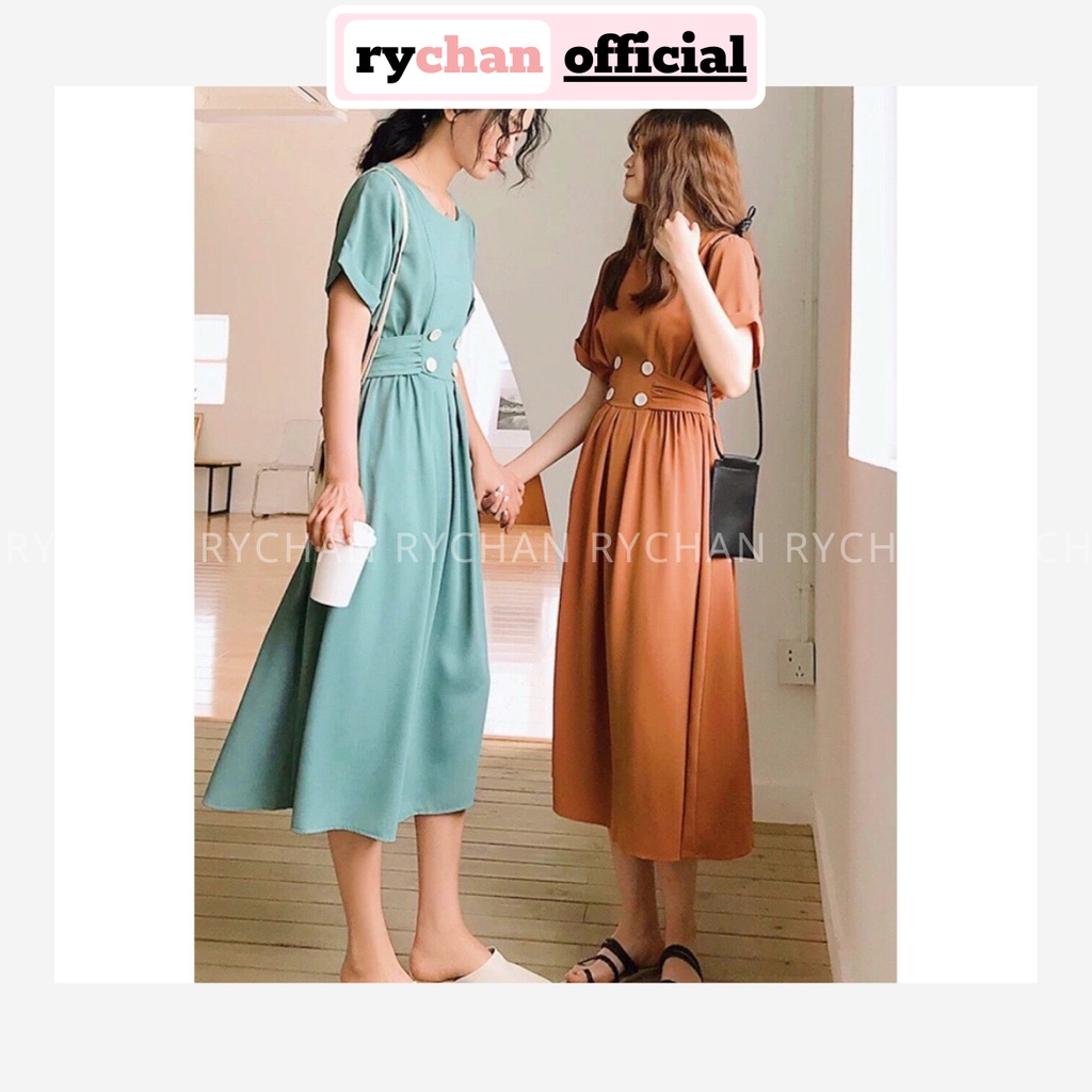 Đầm Xoè Form Dài Đính Nút Trắng Thắt Eo 2 Màu - DX069