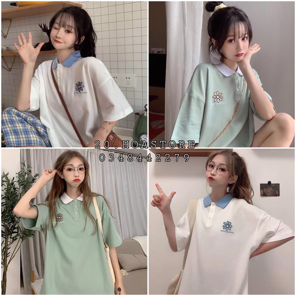 ÁO POLO MIX CỔ XANH TRẮNG THÊU HOA DAISY ULZZANG - ÁO THUN TAY LỠ CỔ BẺ ULLZANG