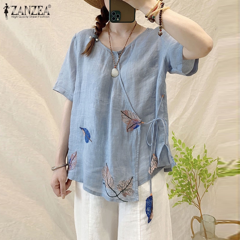 ZANZEA Áo Kiểu Chất Liệu Vải Cotton Phong Cách Vintage Xinh Xắn Cho Nữ