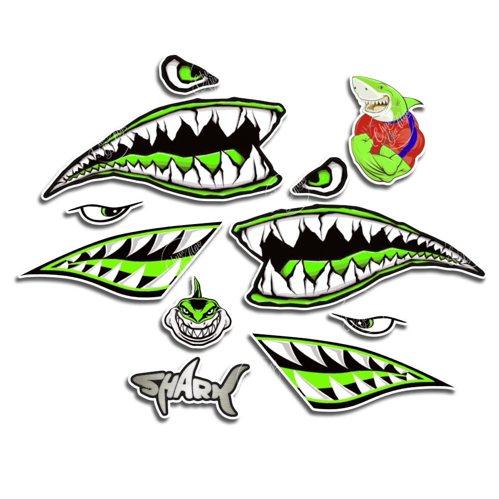 Bộ tem cá mập màu XANH LÁ hình dán decal nhám chống nước trang trí xe máy laptop nón bảo hiểm