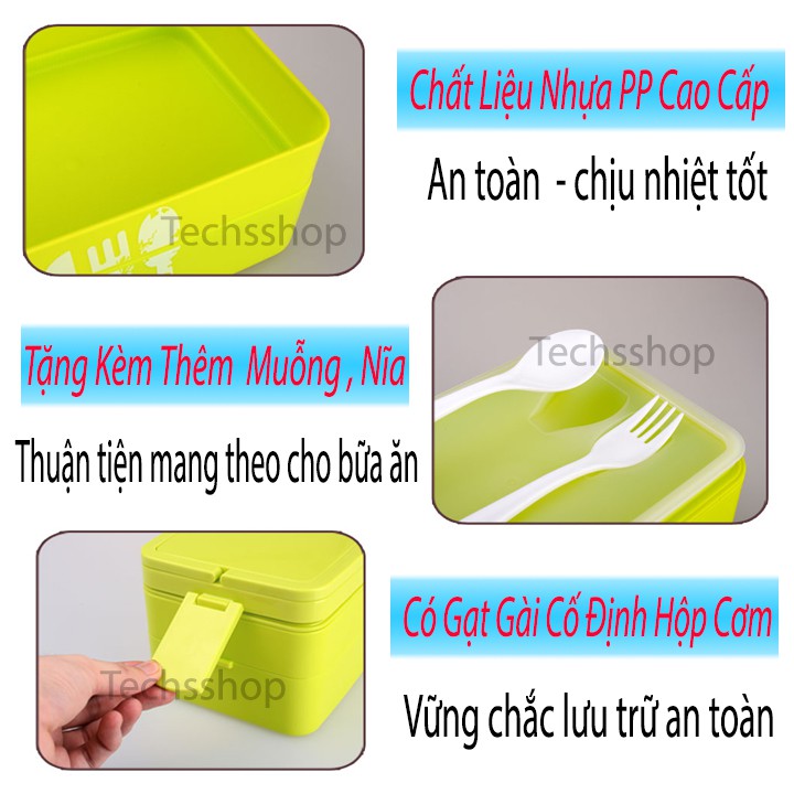 Hộp đựng cơm văn phòng 2 tầng phong cách Nhật Bản - Cà mên 2 tầng có muỗng nĩa - Khay đựng cơm an toàn vệ sinh