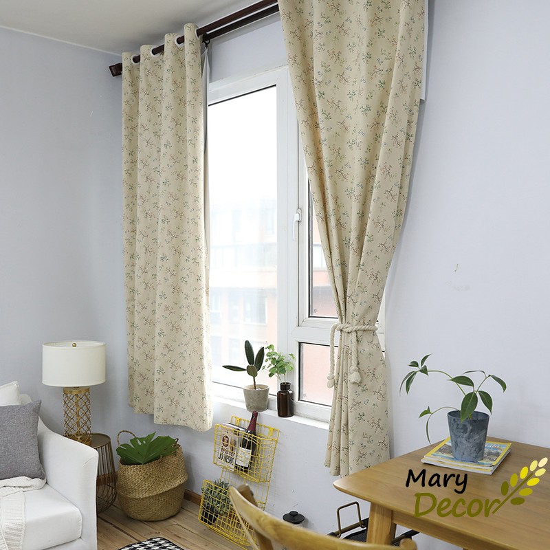 Rèm cửa trang trí vải bố linen đẹp - họa tiết cành lá hoa nhí R-G03