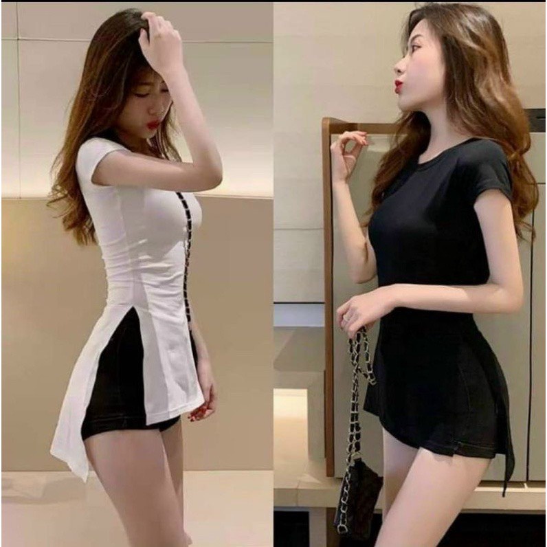 Set áo thun gân nữ tay ngắn kiễu xẽ tà phối quần jean đùi hot 65