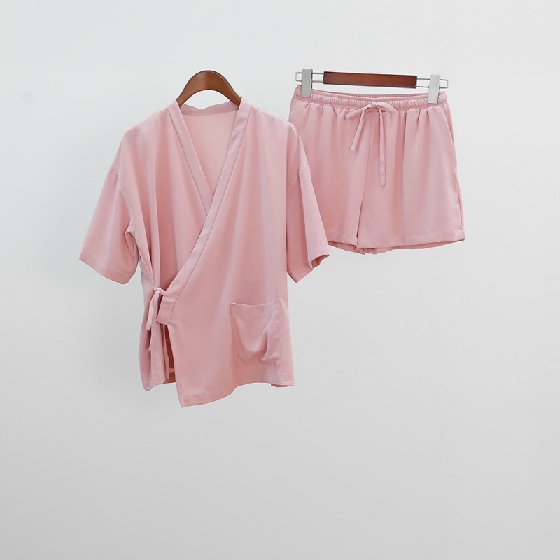 Bộ đồ mặc nhà Yukata MOMOJAMA chất liệu đũi chun - 4 màu trơn M2769
