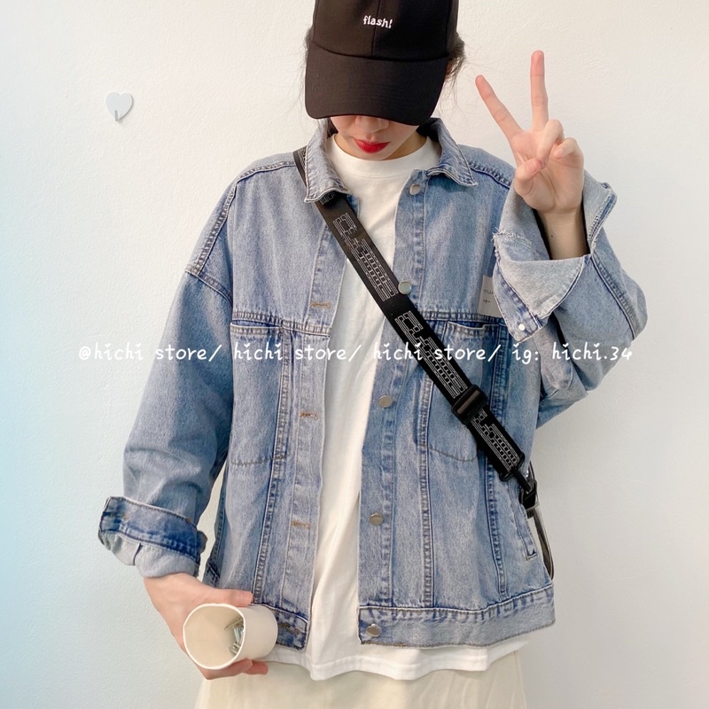 áo khoác bò jeans phom rộng unisex nam nữ phong cách ulzzang hàn quốc mác trắng hichi - Hàng nhập khẩu