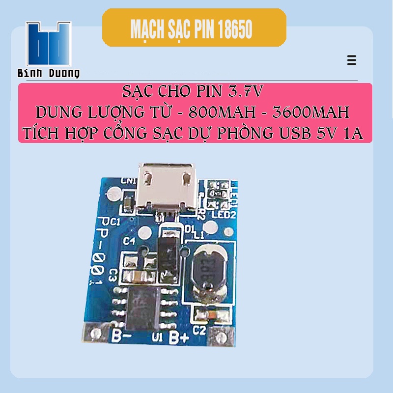 Mạch Sạc Pin Lithium - Li-ion - 18650 2 in 1 Có Bảo Vệ Pin khi đầy . đèn báo trạng thái Tích hợp usb sạc điện thoại