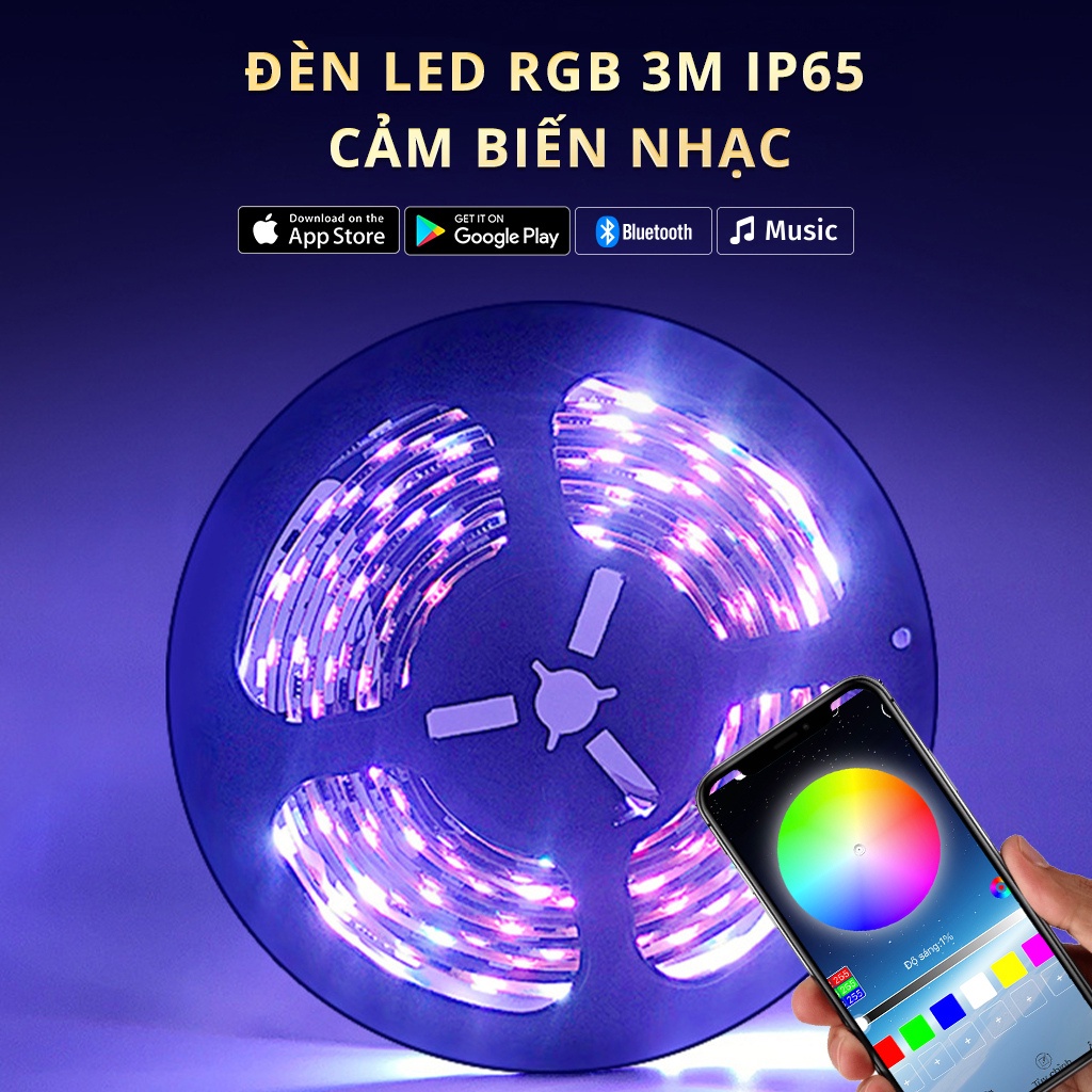 Đèn Led Trang Trí RGB 3m IP65 Cảm Biến Nhạc, Kết Nối Bluetooth, Dùng Để Dán Tivi Tủ Kệ, Màn Hình Máy Tính, Quay TikTok
