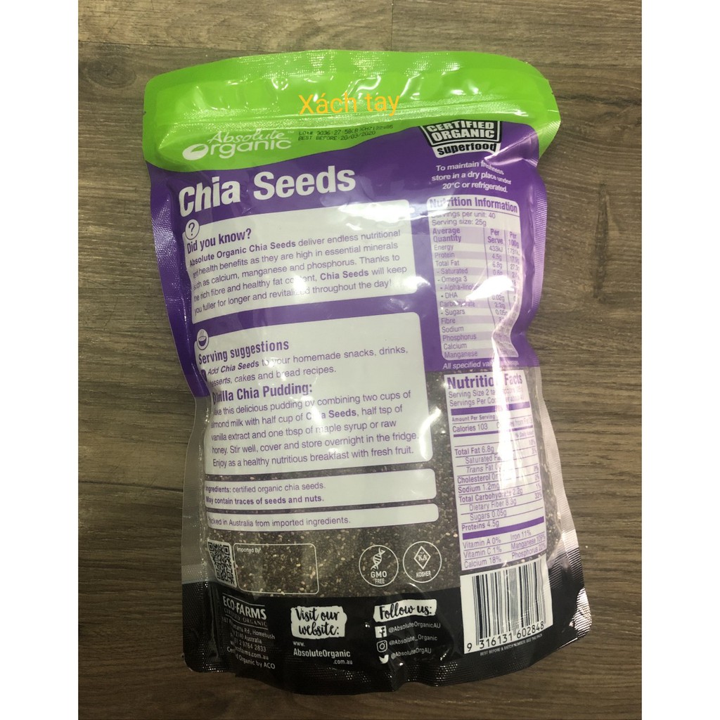 Hạt Chia Úc Absolute Organic Chia Seeds 1kg (Mẫu mới)