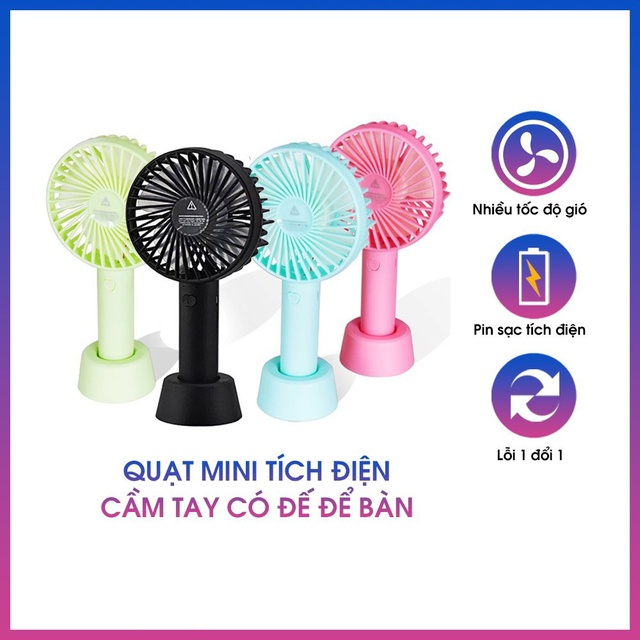 Quạt Mini Tích Điện Cầm Tay Có Đế Để Bàn 3 Tốc Độ Gió