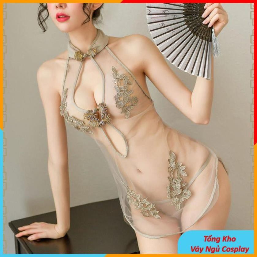 Váy Ngủ Sosplay Sexy Cô Gái Thượng Hải Chất Voan Mềm Mại Cao Cấp, Đầm ngủ Sườn xám Voan Xuyên Thấu Gợi Cảm - Mã SXV Đẹp